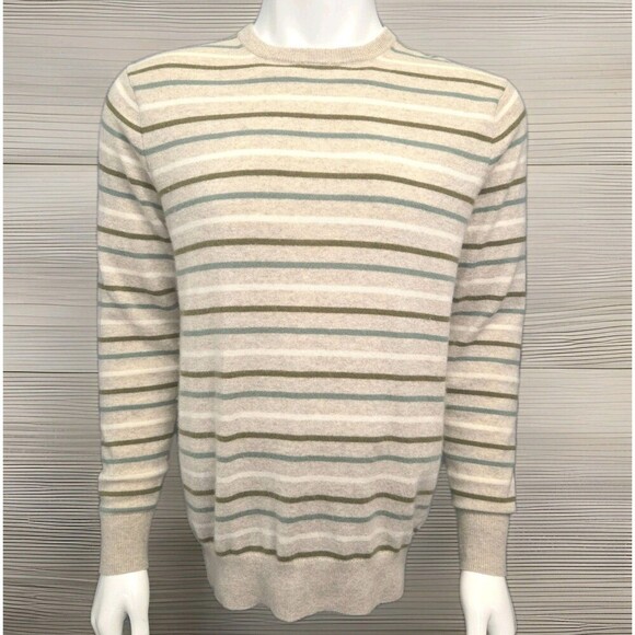 J. Crew Men's Cashmere Crewneck Sweater Size M Beige/Olive Stripe - Picture 3 of 11